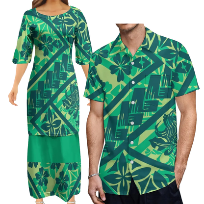 Polynesian Traditional Tribal Pattern Couple Set Puletasi Suit Dress Man Shirt Matching Outfit