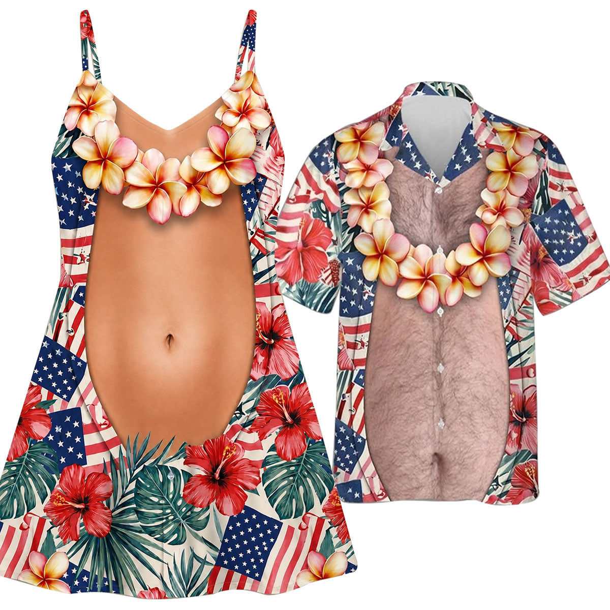 Funny Couple Matching Outfit Polynesian Hibiscus Flowers Pattern Women Strap Short Swing Dress And Big Belly Shirt