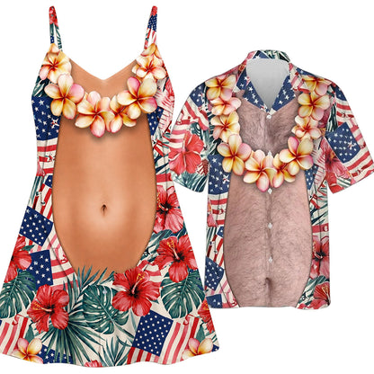 Funny Couple Matching Outfit Polynesian Hibiscus Flowers Pattern Women Strap Short Swing Dress And Big Belly Shirt