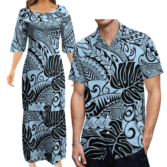 Polynesian Traditional Tribal Flowers Pattern Blue Couple Set Puletasi Dress Man Shirt Matching Outfit