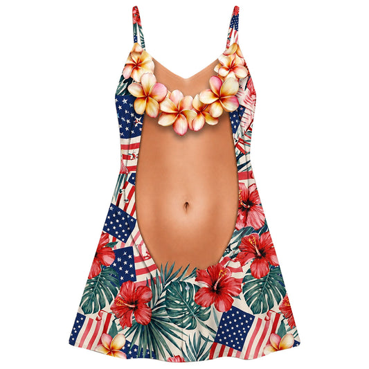 Funny Couple Matching Outfit Polynesian Hibiscus Flowers Pattern Women Strap Short Swing Dress And Big Belly Shirt