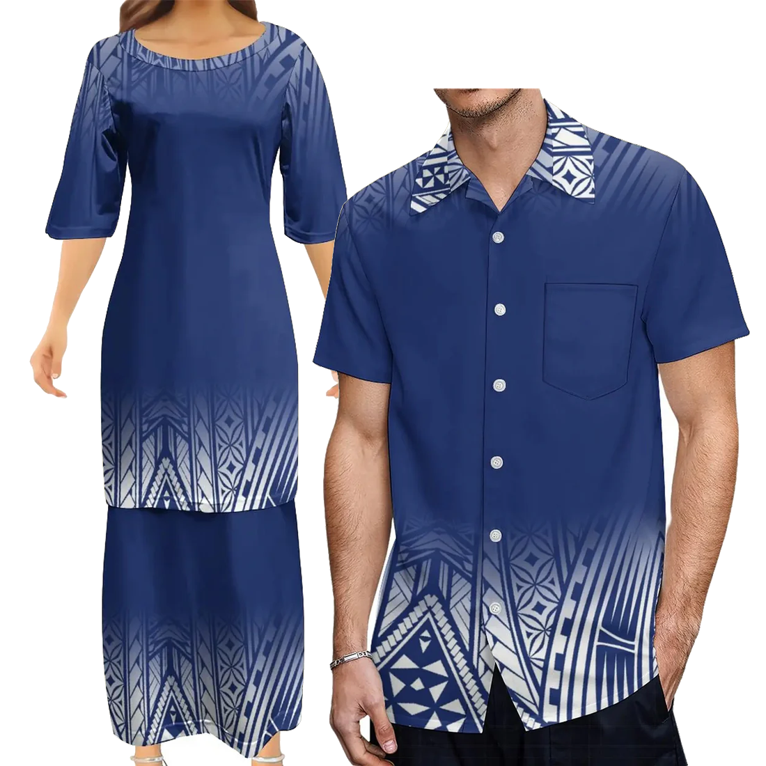 Polynesian Traditional Tribal Pattern Blue Couple Set Half Style Puletasi Dress Man Shirt Matching Outfit