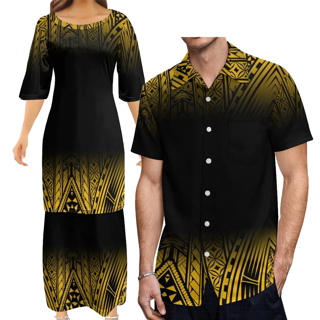 Polynesian Traditional Tribal Pattern Black Couple Set Half Style Puletasi Dress Man Shirt Matching Outfit