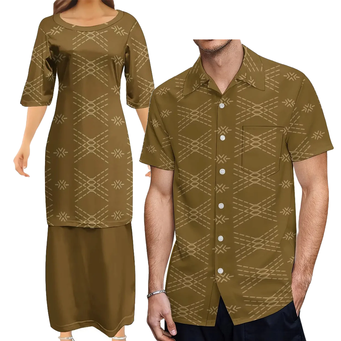 Polynesian Traditional Tribal Pattern Vintage Couple Set Puletasi Dress Man Shirt Matching Outfit