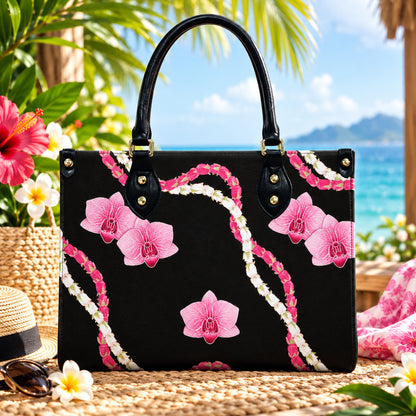 Puakenikeni Hawaiian Flower Lei Black Leather Handbag