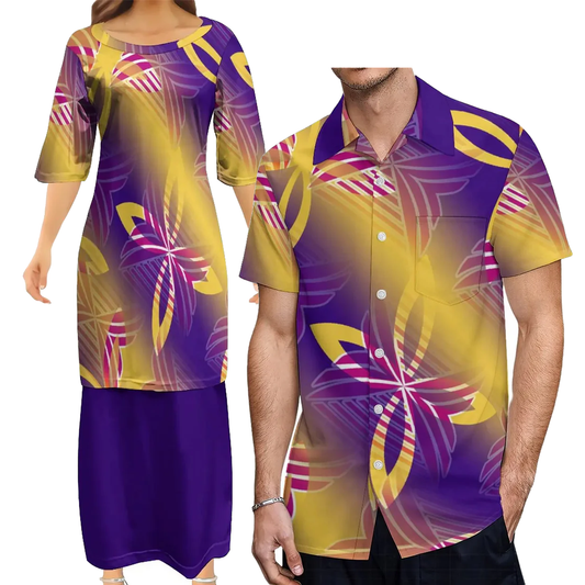 Polynesian Traditional Tribal Flowers Pattern Purple Couple Set Puletasi Dress Man Shirt Matching Outfit