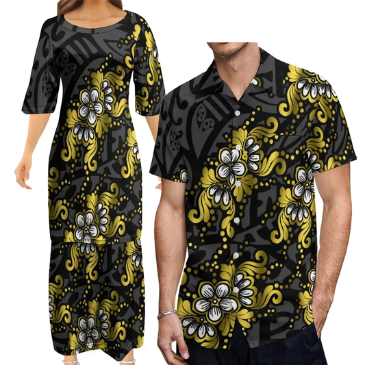 Polynesian Traditional Tribal Flowers Pattern Black Couple Set Puletasi Dress Man Shirt Matching Outfit
