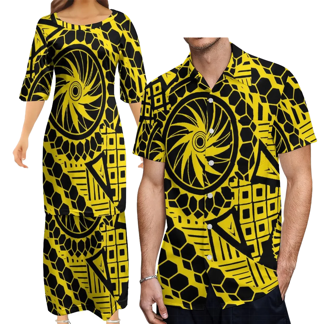 Polynesian Traditional Tribal Pattern Yellow Couple Set Puletasi Dress Man Shirt Matching Outfit