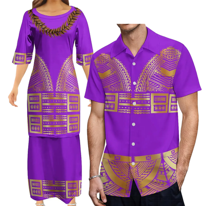 Polynesian Traditional Tribal Pattern Pink Couple Set Puletasi Dress Man Shirt Matching Outfit