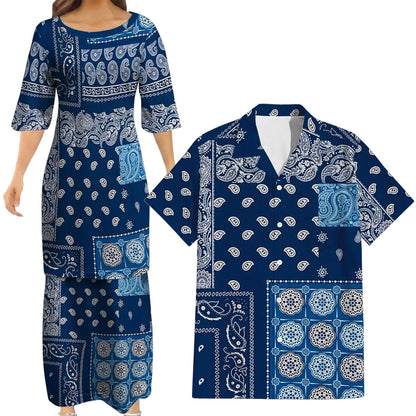 Paisley Pattern Matching Outfit For Couple Island Puletasi Dress And Hawaiian Shirt For Her Him