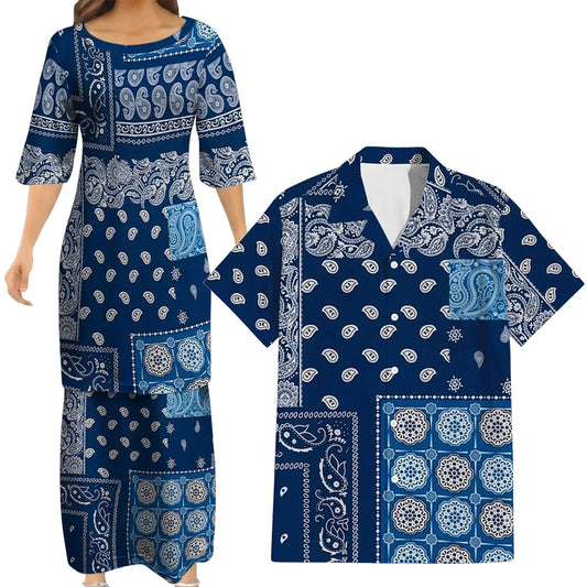 Paisley Pattern Matching Outfit For Couple Island Puletasi Dress And Hawaiian Shirt For Her Him