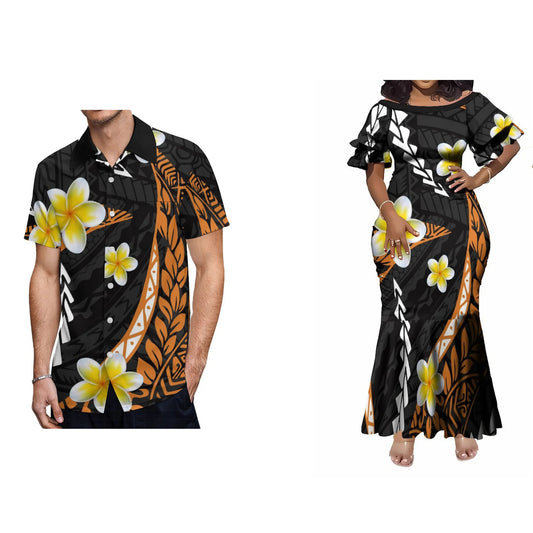 Polynesian Tribal Plumeria Flowers Pattern Matching Outfit Women's Short-Sleeved Mermaid Dress Hawaiian Shirt Couple Set For Him Her