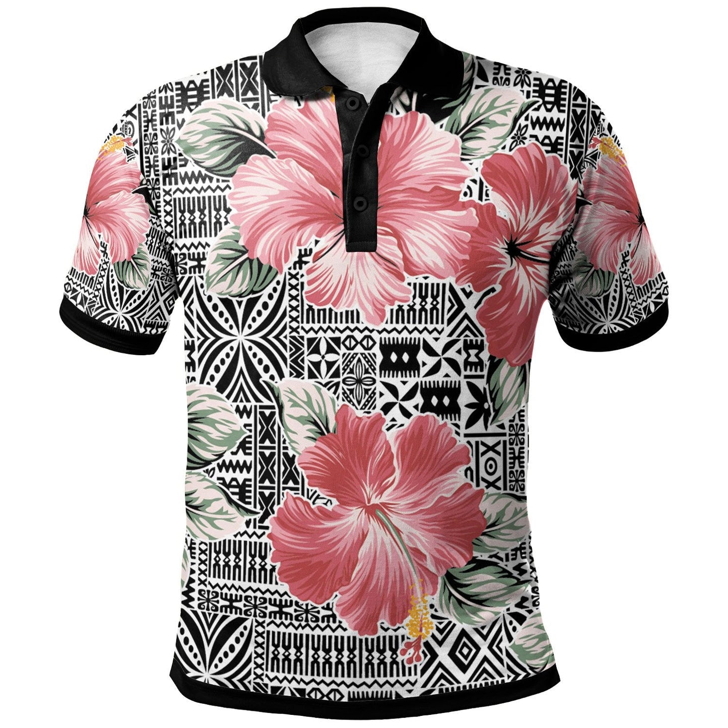 Polynesian Polo Shirt - Pink Hibiscus Flower With Tapa Pattern