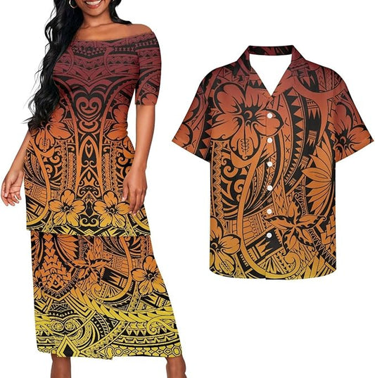 Flowers Polynesian Tribal Pattern Matching Outfit Puletasi Dress Polynesian Pattern Shirts for Men Puletasi Traditional Dress