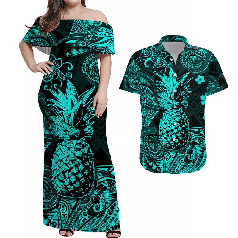 Matching Hawaiian Outfits Hawaii Pineapple Polynesian Combo Dress and Hawaiian Shirt Matching Couples Outfit Unique Style Turquoise