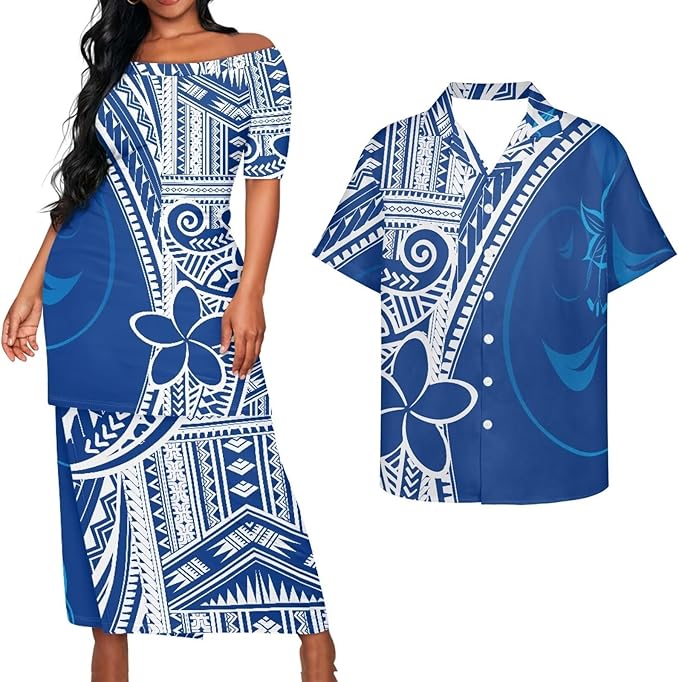 Blue Flowers Polynesian Tribal Couple Outfit Puletasi Dress Polynesian Pattern Shirts for Men Puletasi Traditional Dress
