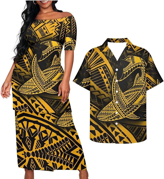 Hammerhead Shark Polynesian Tribal Pattern Matching Outfit Puletasi Dress Polynesian Pattern Shirts for Men Puletasi Traditional Dress