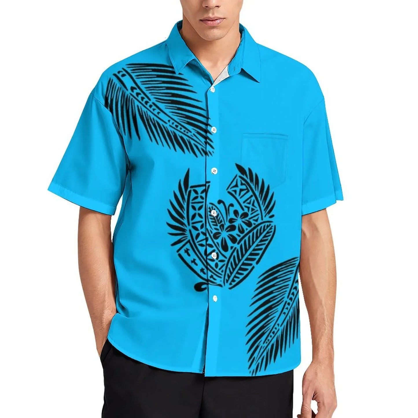 Neon Blue Tropical Polynesian Traditional Tribal Couple Set Puletasi Dress Two-Piece Suit With Men's Shirt Blue Matching Outfit For Couple
