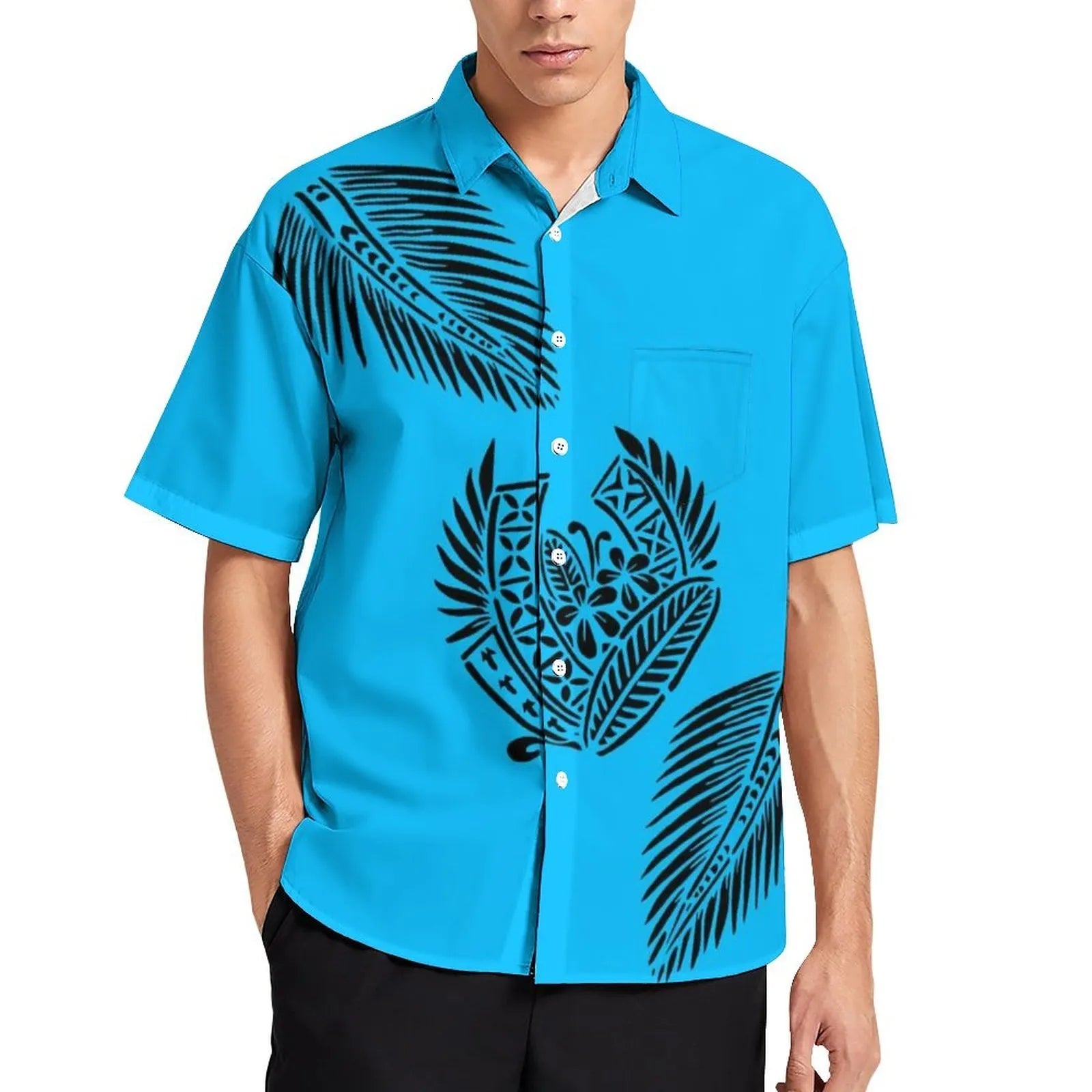 Neon Blue Tropical Polynesian Traditional Tribal Couple Set Puletasi Dress Two-Piece Suit With Men's Shirt Blue Matching Outfit For Couple