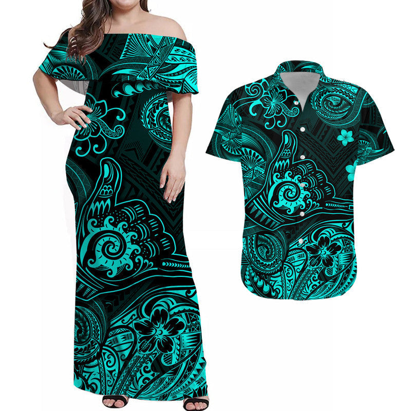 Hawaii Shaka Polynesian Combo Dress and Hawaiian Shirt Matching Couples Outfit Unique Style Turquoise