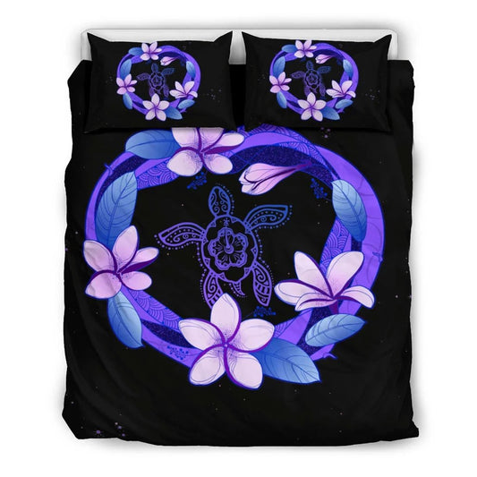 Hawaiian Plumeria HibiscusTurtle Polynesian Bedding Set Purple