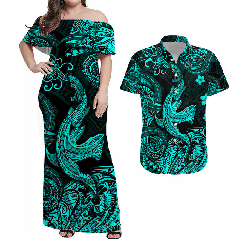 Hawaii Angry Shark Polynesian Combo Dress and Hawaiian Shirt Matching Couples Outfit Unique Style Turquoise