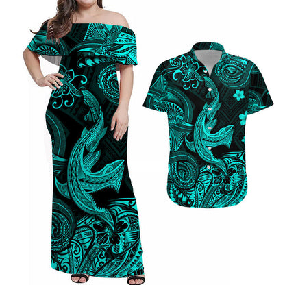 Hawaii Angry Shark Polynesian Combo Dress and Hawaiian Shirt Matching Couples Outfit Unique Style Turquoise