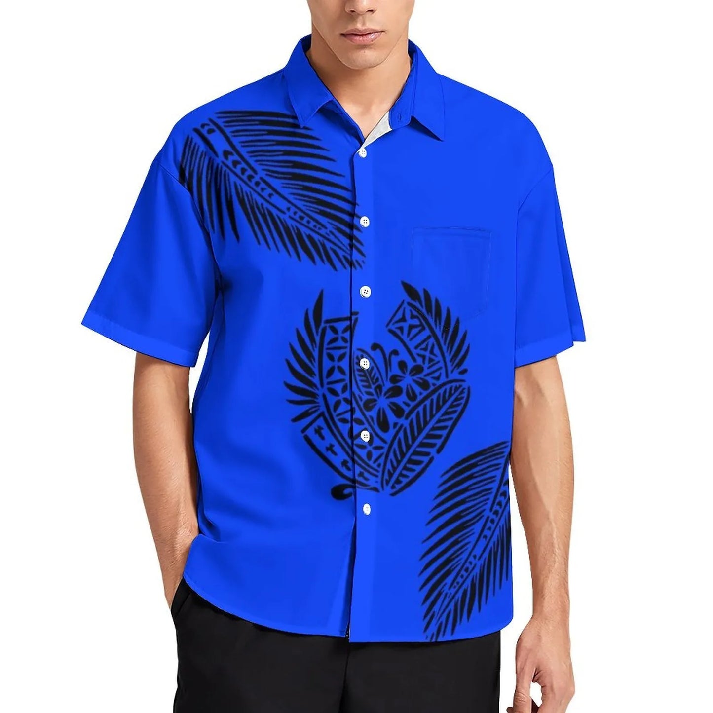 Blue Tropical Polynesian Traditional Tribal Couple Set Puletasi Dress Two-Piece Suit With Men's Shirt Blue Matching Outfit For Couple