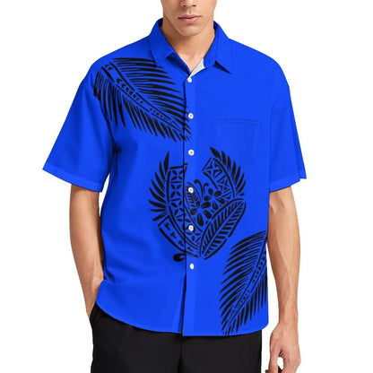 Blue Tropical Polynesian Traditional Tribal Couple Set Puletasi Dress Two-Piece Suit With Men's Shirt Blue Matching Outfit For Couple
