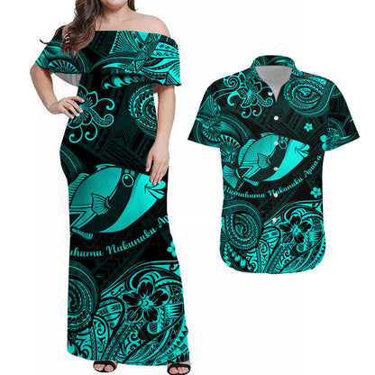 Hawaii State Fish: Humuhumu Nukunuku Apuaa Polynesian Combo Dress and Hawaiian Shirt Matching Couples Outfit Unique Style Turquoise