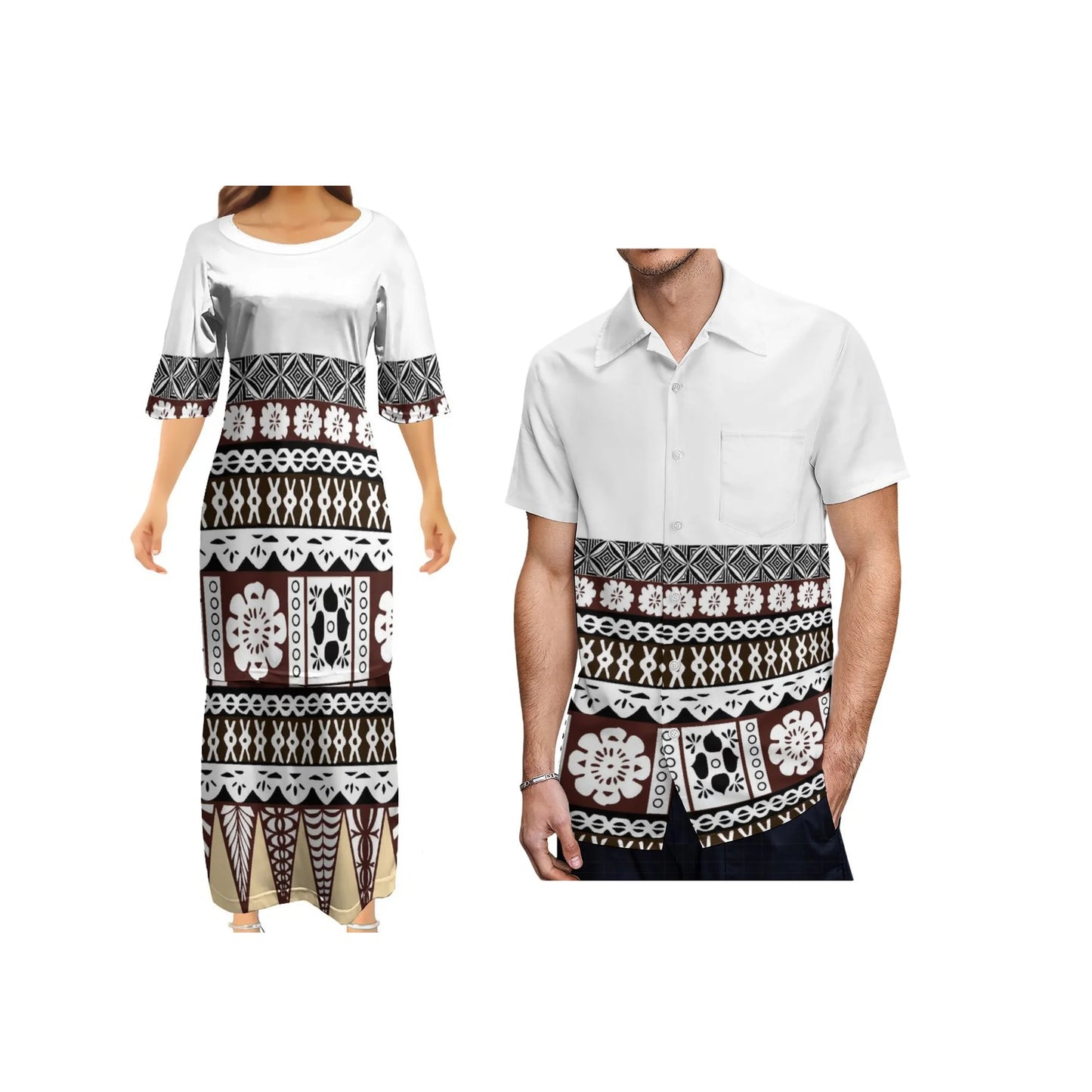 Polynesian Geometric Pattern White Couple Outfit Matching Island Dress And Hawaiian Shirt