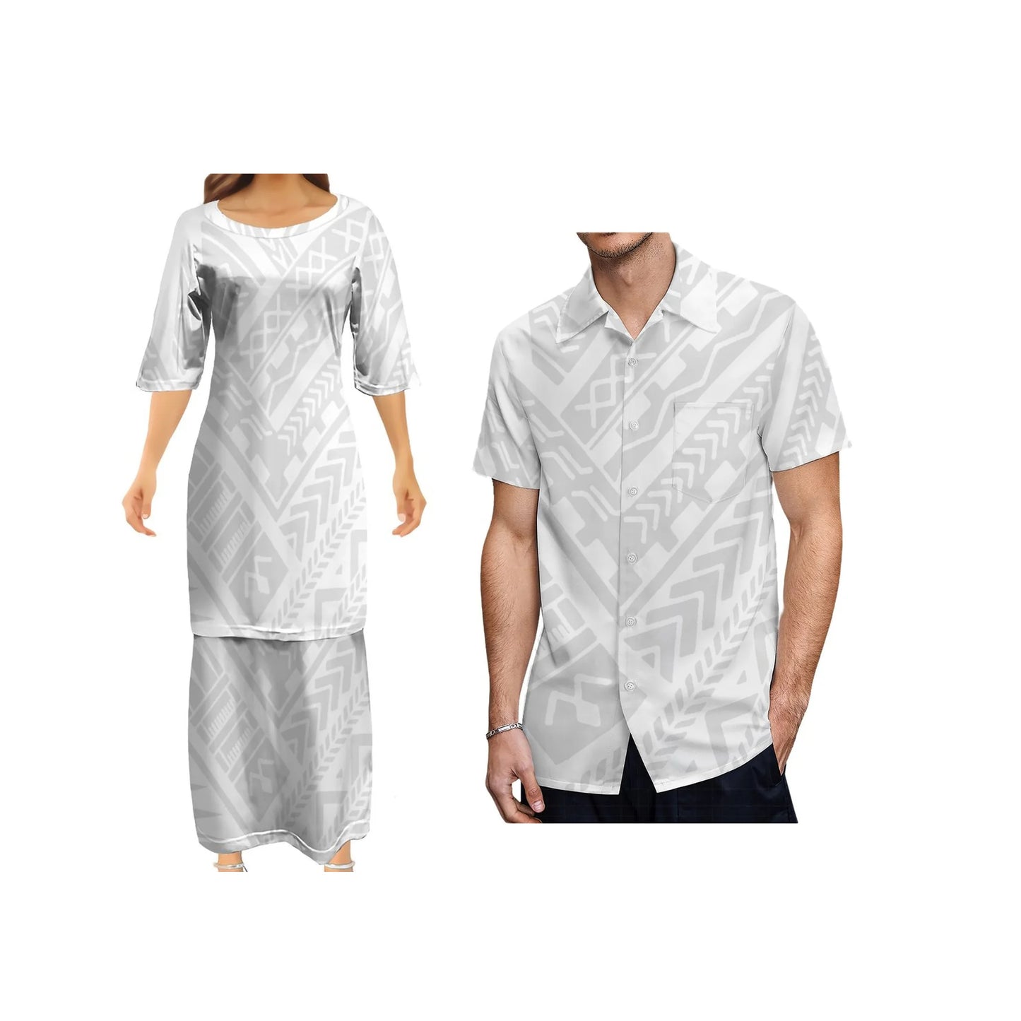 Polynesian Tribal Pattern Tropical White Couple Outfit Matching Island Dress And Hawaiian Shirt