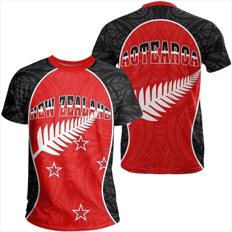 New Zealand Flag Shirt NZ Silver Fern Aotearoa Polynesian Pattern Unisex Red Tee Shirt