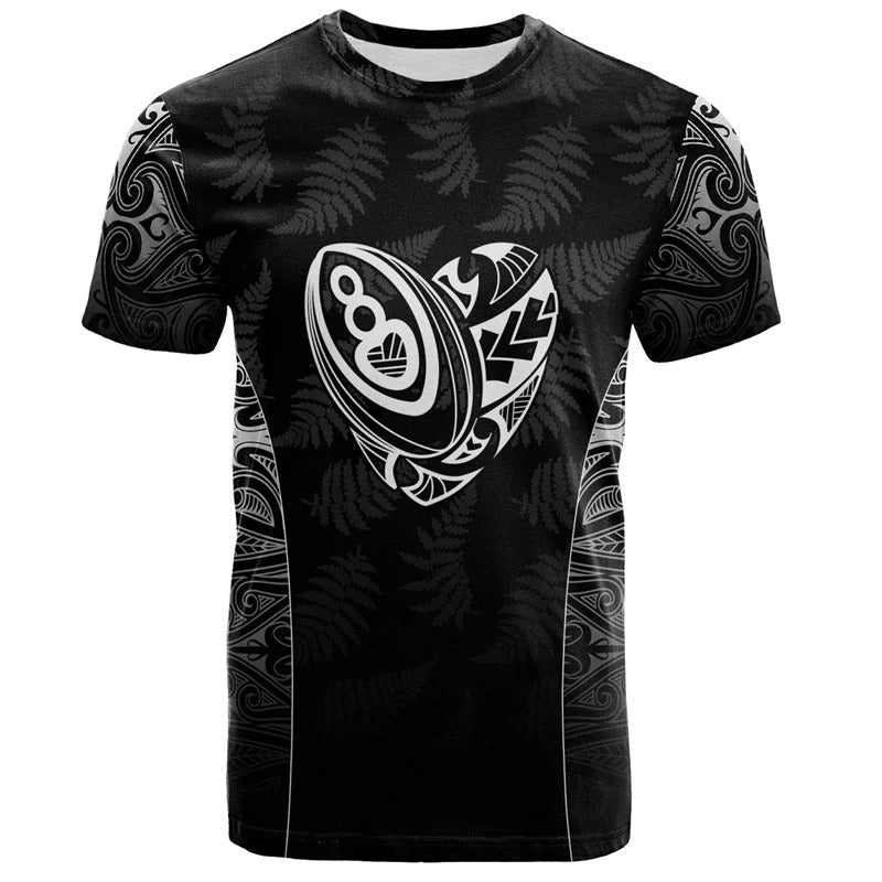 New Zealand Maori Shirt Aotearoa Rugby Ball T Shirt Silver Fern Pattern NZ 3D Unisex Tee