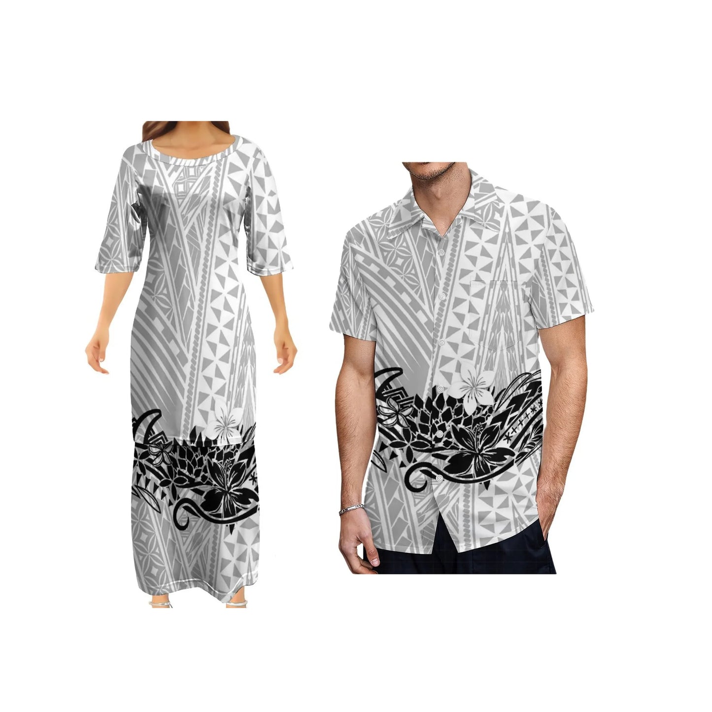 Polynesian Tribal Flowers Pattern White Couple Outfit Matching Island Brown Dress And Hawaiian Shirt