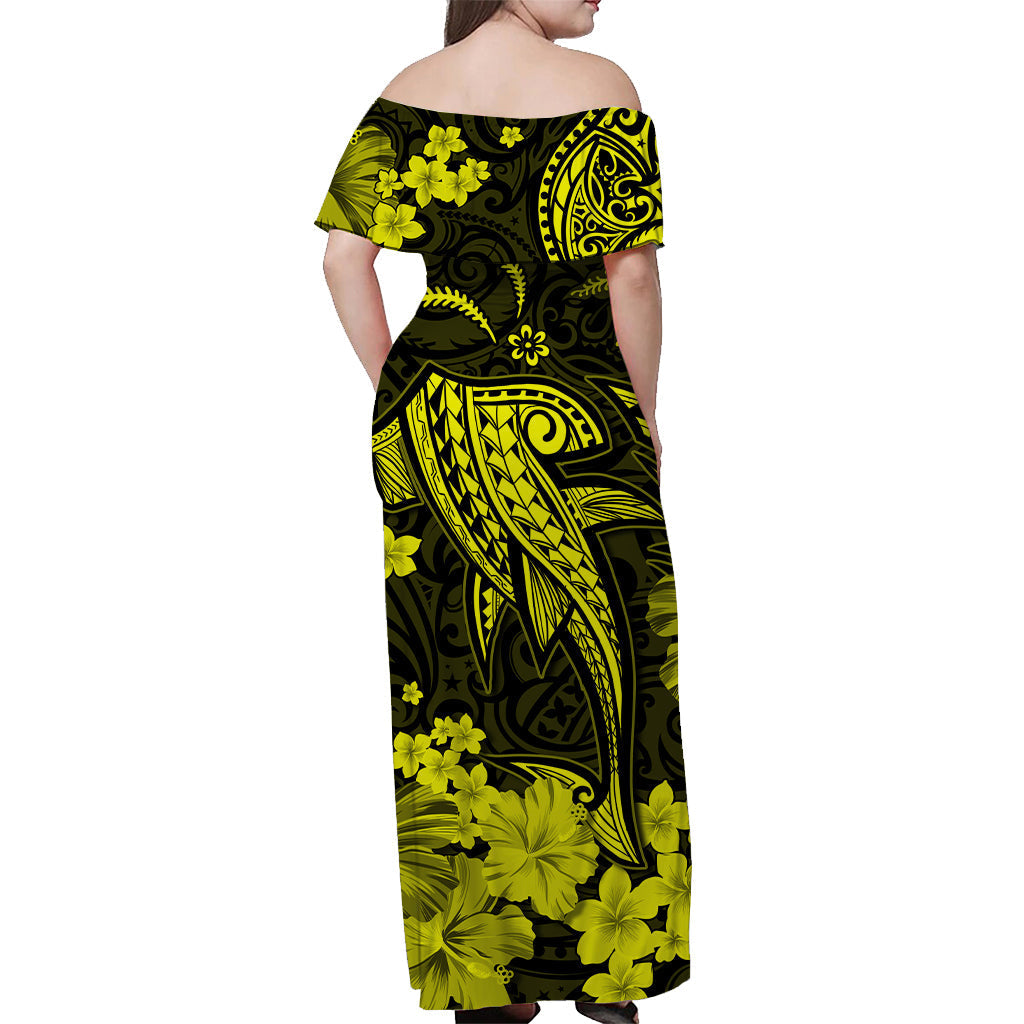 Hawaii Off Shoulder Long Dress Polynesia Yellow Shark