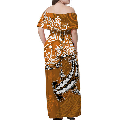 Custom Personalised Hawaii Off Shoulder Long Dress Polynesia Gold Sea Turtle Honu and Hammerhead Shark