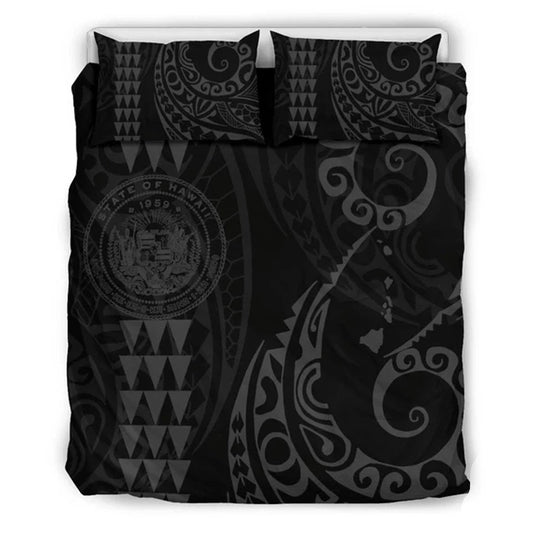 Hawaiian Map Coat Of Arms Flag Polynesian Bedding Set Grey