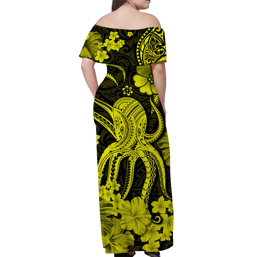 Hawaii Off Shoulder Long Dress Polynesia Yellow Octopus