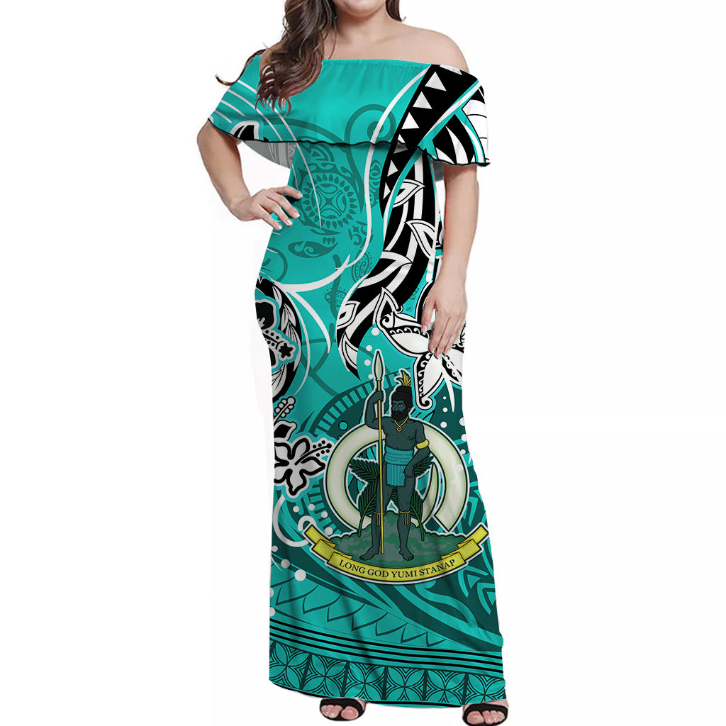 Vanuatu Color Off Shoulder Long Dress Coat of Arms Version Turquoise