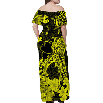 Hawaii Off Shoulder Long Dress Polynesia Yellow Beautiful Hula Girl
