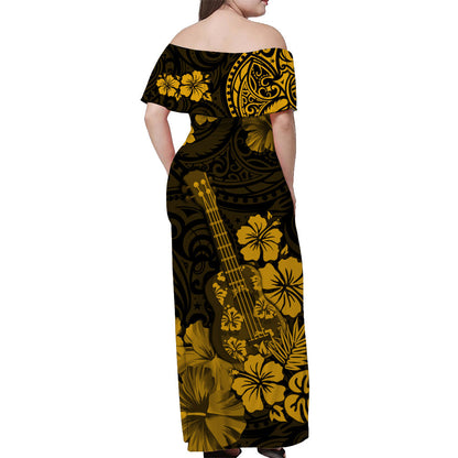 Hawaii Off Shoulder Long Dress Polynesia Gold Ukulele Flowers