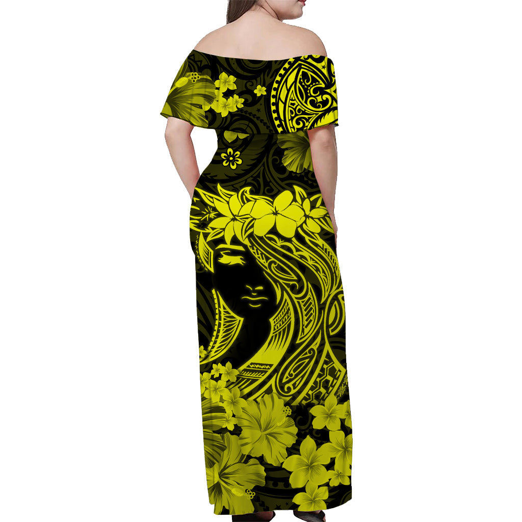 Hawaii Off Shoulder Long Dress Polynesia Yellow Attractive Hula Girl