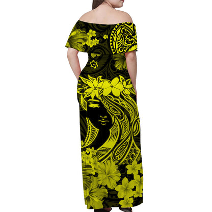 Hawaii Off Shoulder Long Dress Polynesia Yellow Attractive Hula Girl