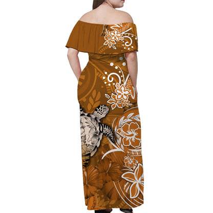 Custom Personalised Hawaii Off Shoulder Long Dress Polynesia Gold Sea Turtle Honu and Hibiscus