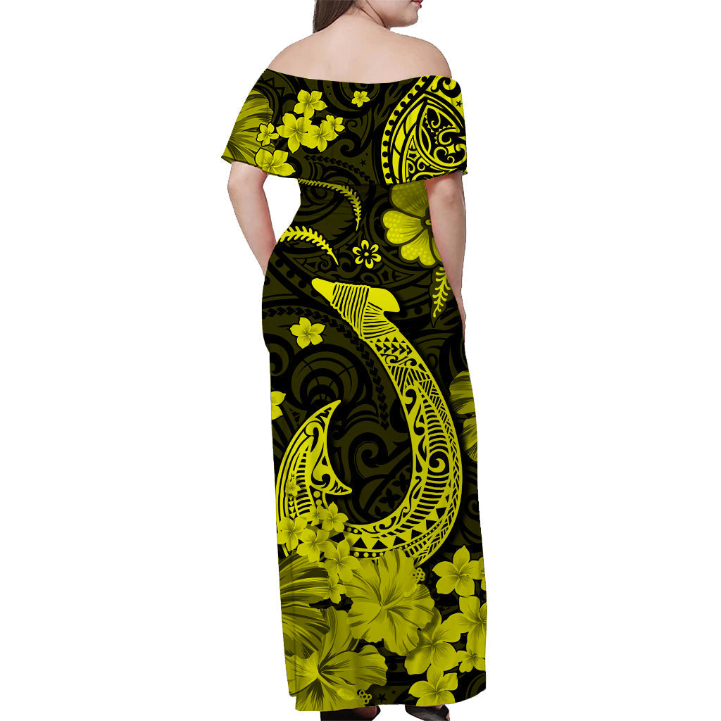 Hawaii Off Shoulder Long Dress Polynesia Yellow Fish Hook