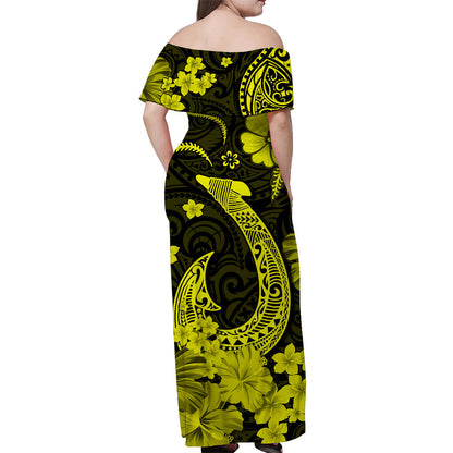 Hawaii Off Shoulder Long Dress Polynesia Yellow Fish Hook