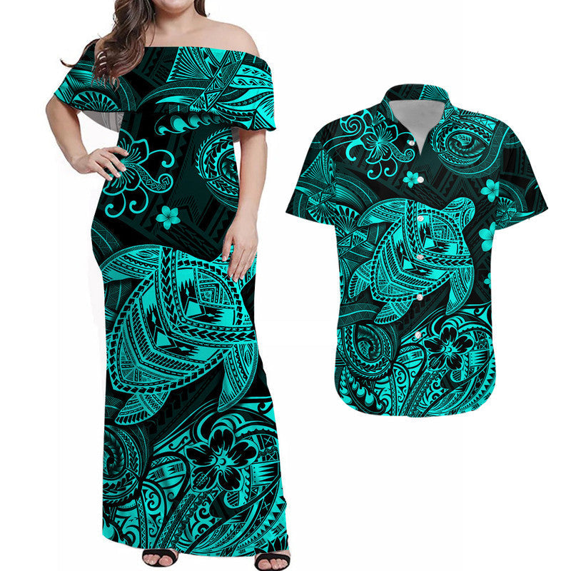Hawaii Turtle Polynesian Combo Dress and Hawaiian Shirt Matching Couples Outfit Plumeria Flower Unique Style Turquoise