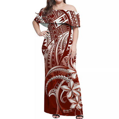 Polynesian Pride Off Shoulder Long Dress Polynesia Tribal Royal Red
