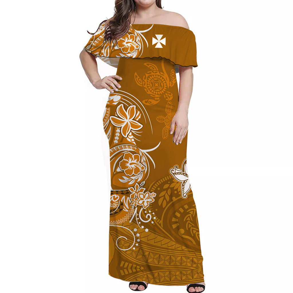 Custom Personalised Wallis et Futuna Off Shoulder Long Dress Polynesia Gold Sea Turtle and Flowers